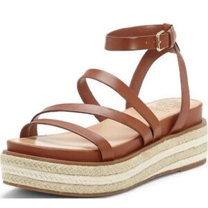 Vince Camuto Aecie Platform Wedge Espadrille Sandal in Tan Cognac Brown Leather
